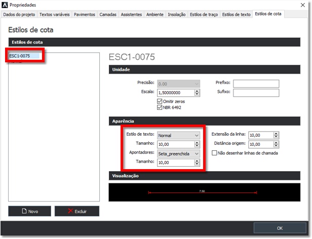 Configurao dos estilos de cotas